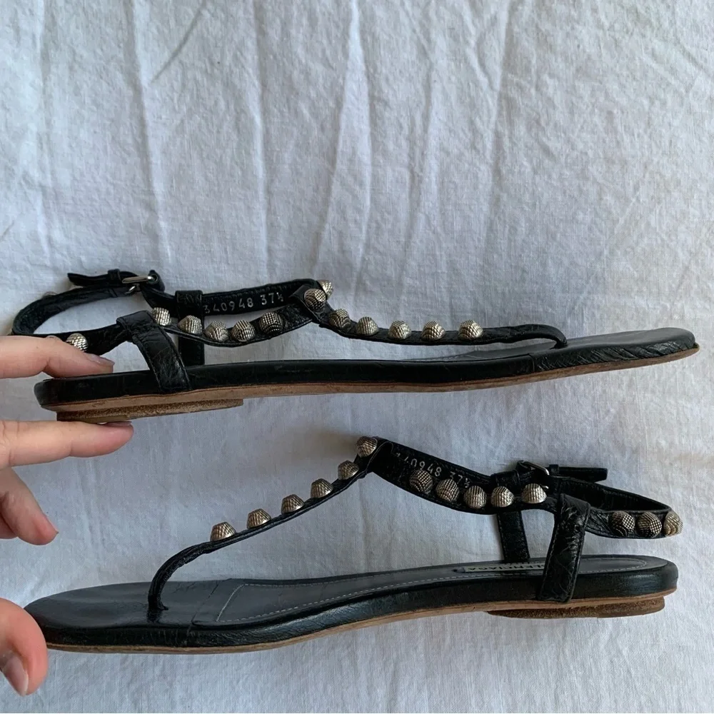 Vintage Balenciaga Arena Silver Stud Leather Thong T Sandals Black